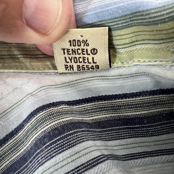 Tommy Bahama Men’s Large Green Blue Striped‎ Button Up Long Sleeve 100% Tencil - Picture 9 of 10